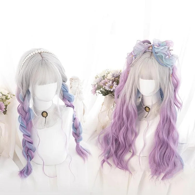 Lolita Cute Platinum Blue Purple Gradient Curly Wig SP18436
