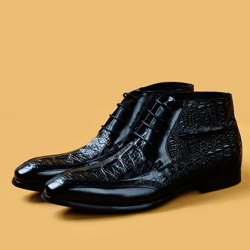 Men Genuine Cow Leather Crocodile Winter Texture Ankle Chelsea Boots Brogue Flat Lace Up Dress Shoes 2020