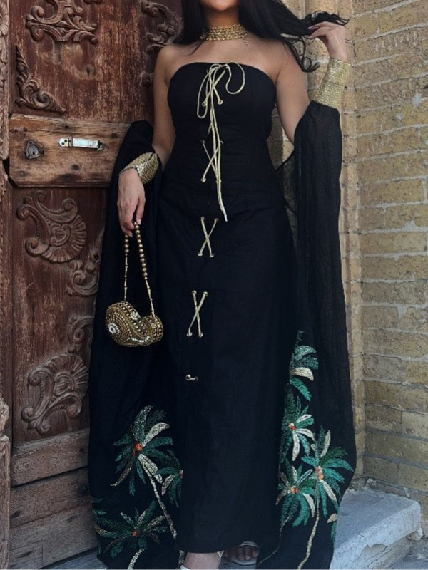 Casual Palm Tree Shawl Coat with Lace-Up Bandeau Dress | Oxredo Shop Ramadan Sale