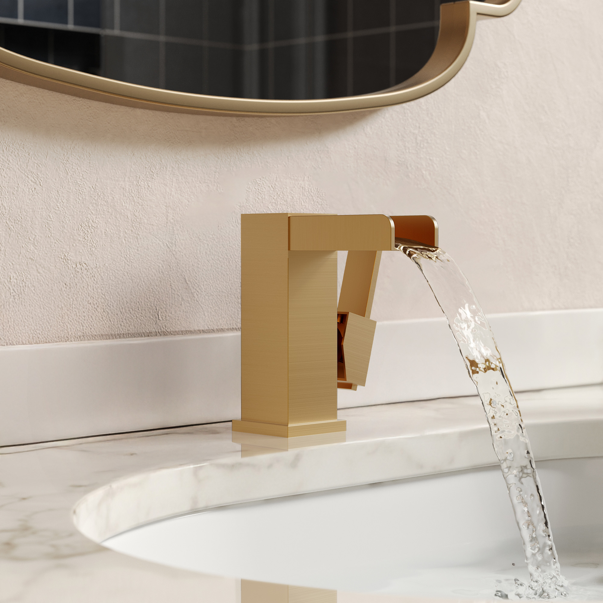 GRANDJOY Brushed Gold 1-Handle LED Waterfall Bathroom Sink Faucet with Drain Single Hole