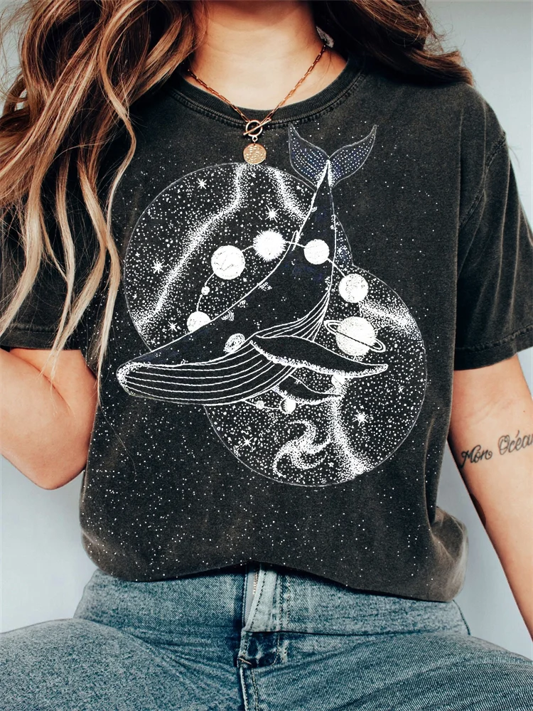 Whale & Galaxy Art Vintage Washed T Shirt