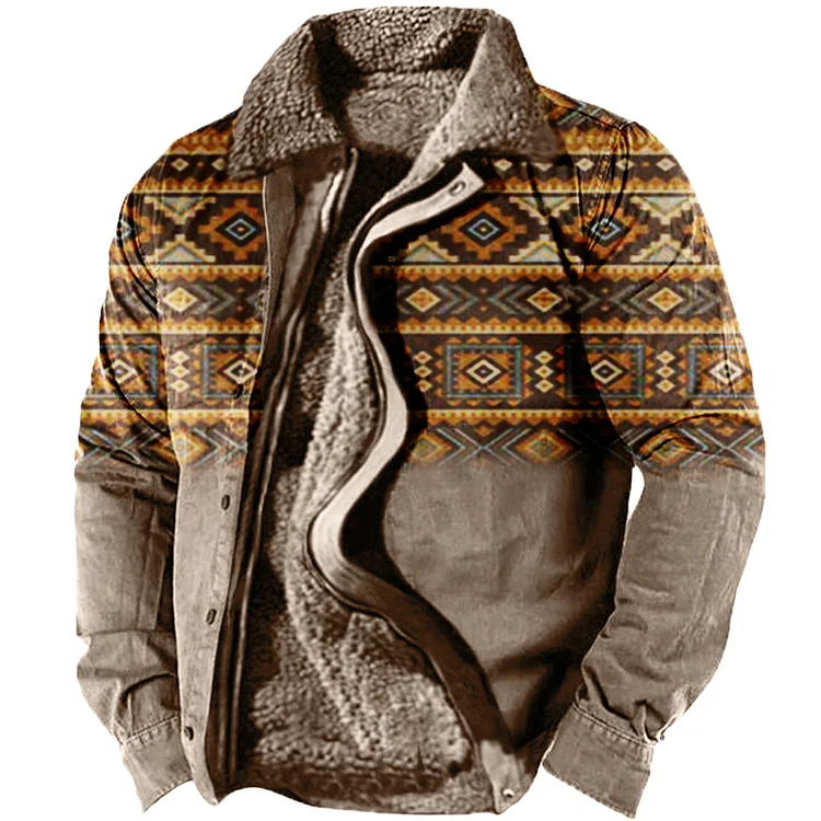 Men's Vintage Print Zip Long Sleeve Fleece Jacket