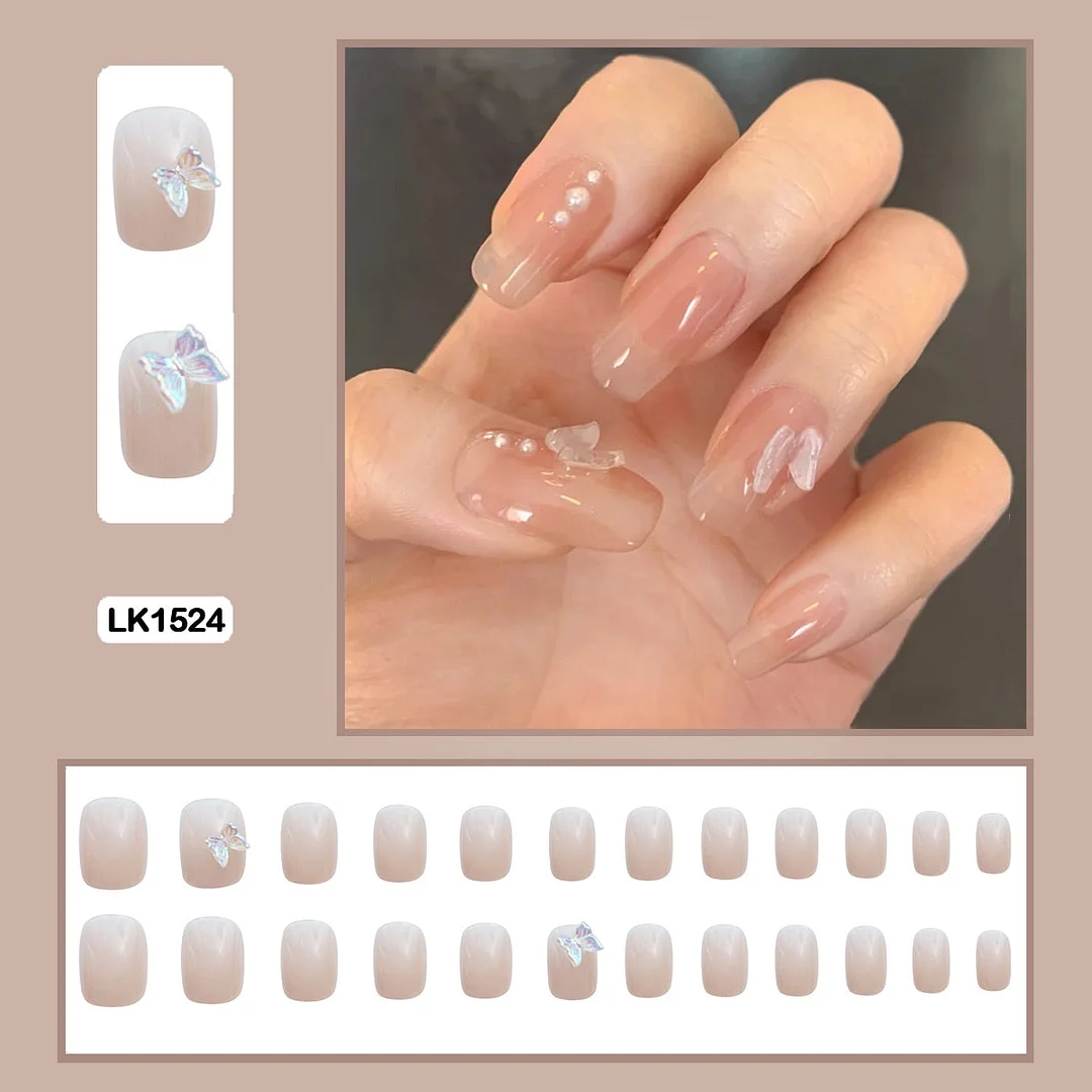 24pcs Stereoscopic Butterfly Light Luxury Elegant Nude Lady Style Removable Nail False Nail Manicure Tool-Nail Inspo