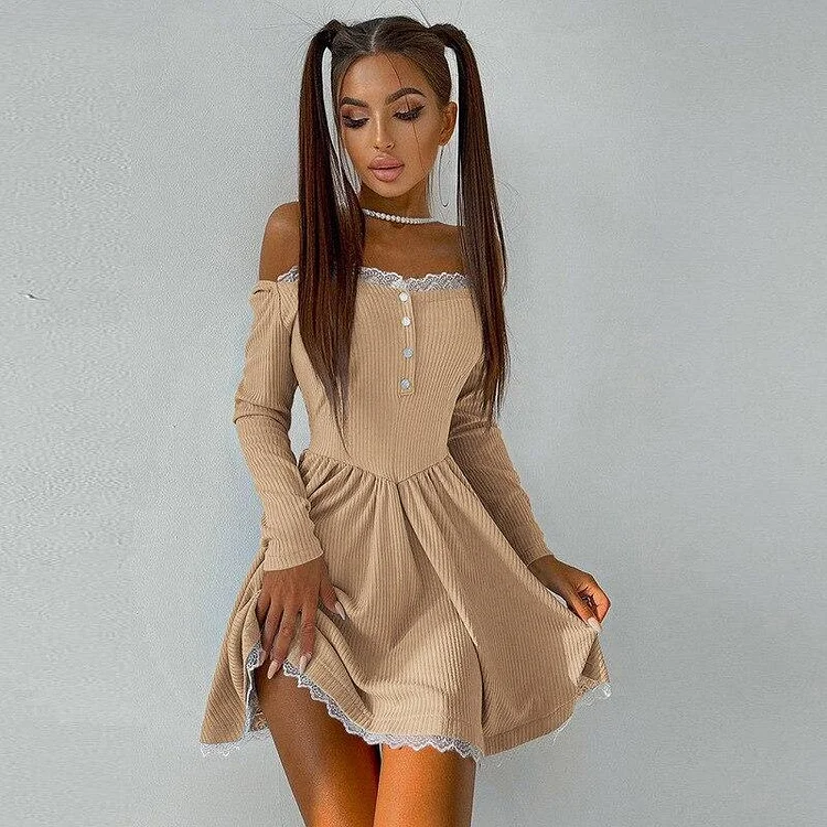 GOTH OFF SHOULDER LACE TRIM LONG SLEEVE MINI DRESS