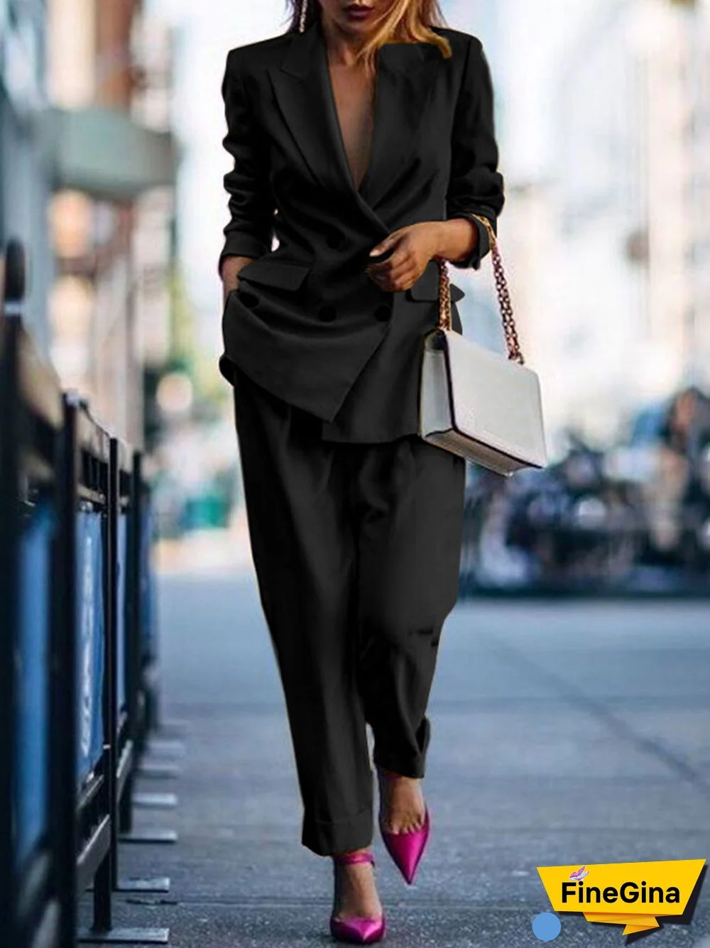 Solid Double Breasted Elastic Waist Lapel Long Sleeve Suit