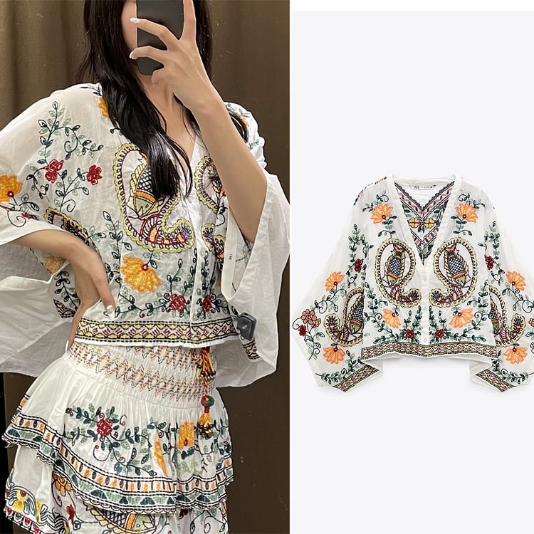 {}Y2k TA AF Zar Women's Summer Blouses Loose Batwing Sleeve Short Shirt Buttoned Retro Embroidered Shirt Top Casual Cardigan - Chicaggo