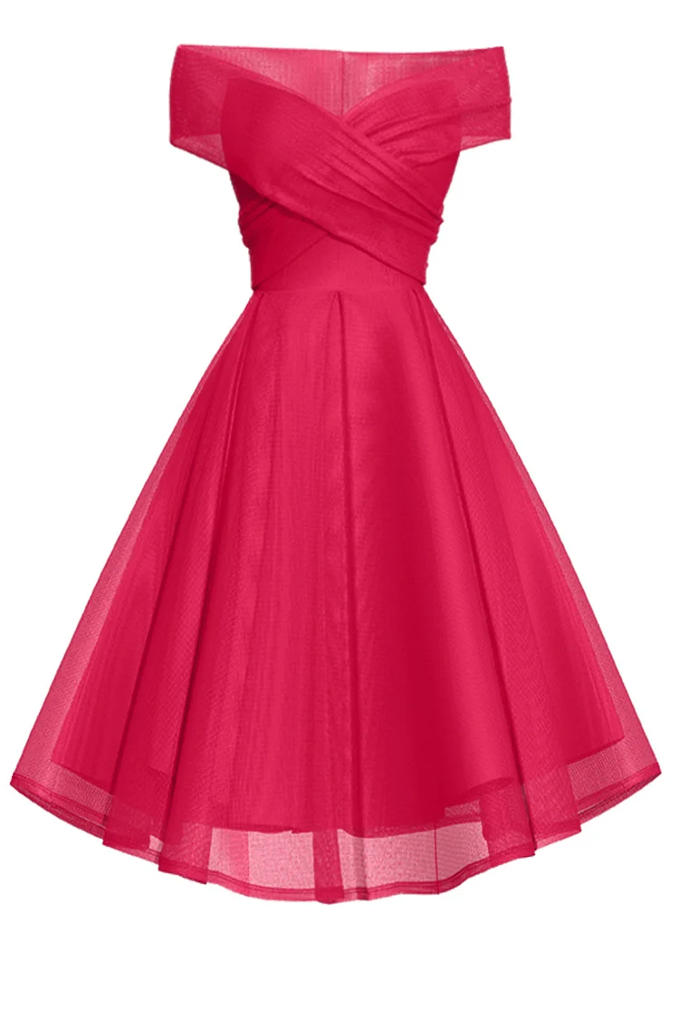 1950s Pink Formal Chiffon Off The Shoulder Crossover Chest Flare Swing Midi Dress