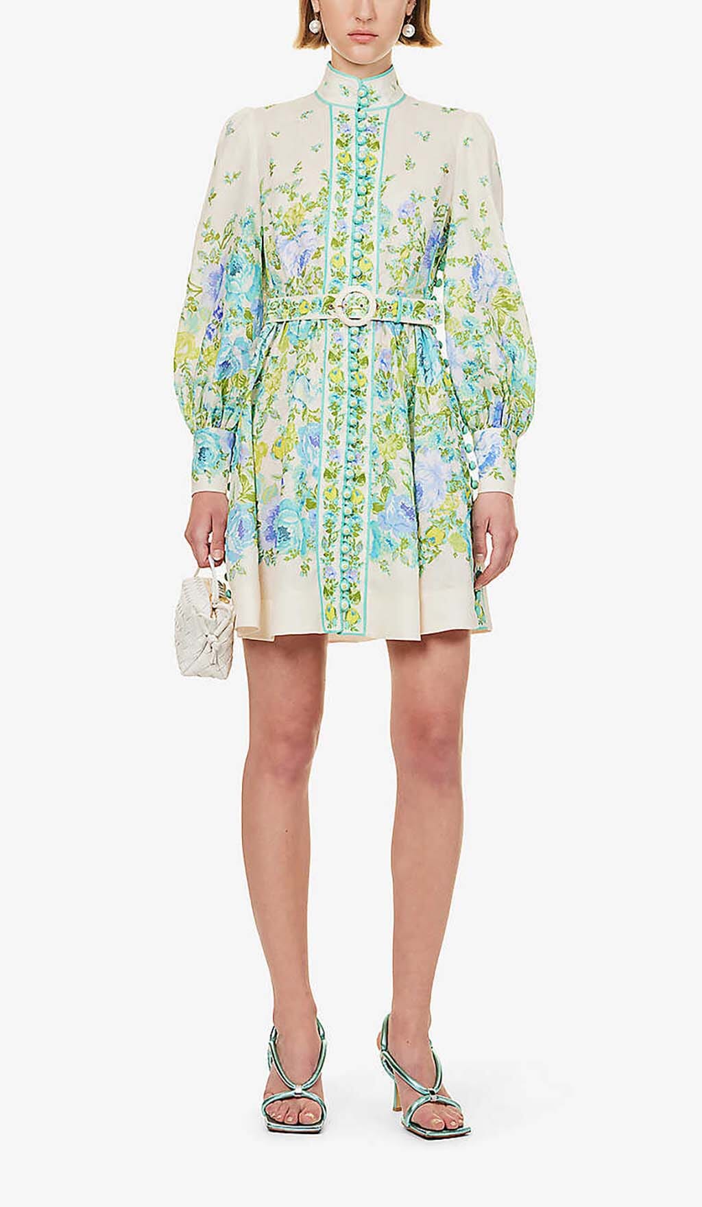 High-Neck Long Sleeve Midi Dress In White Flowering Girl