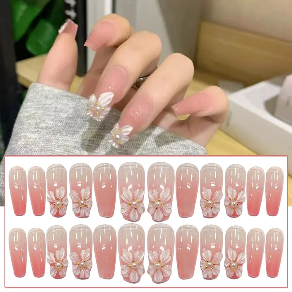 24Pcs/box Full Cover Short round press on nails Pink Dripping Shape Heart Bride nail tips Wearable Fake Nail with Glue for girls-Nail Inspo