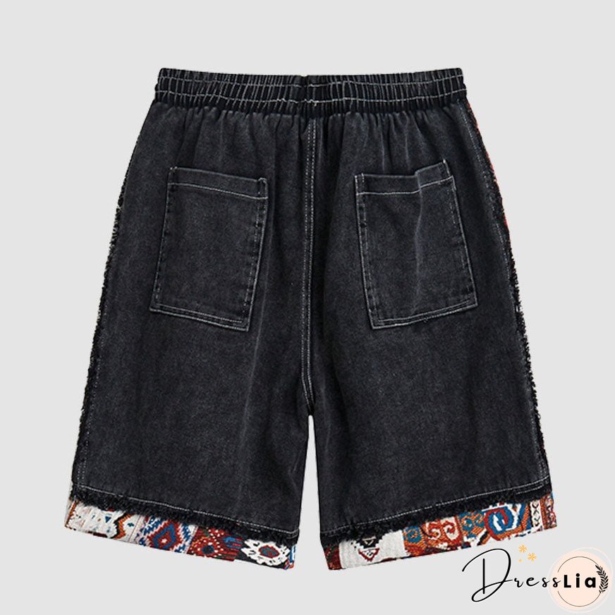Ethnic Style Denim Patchwork Drawstring Shorts
