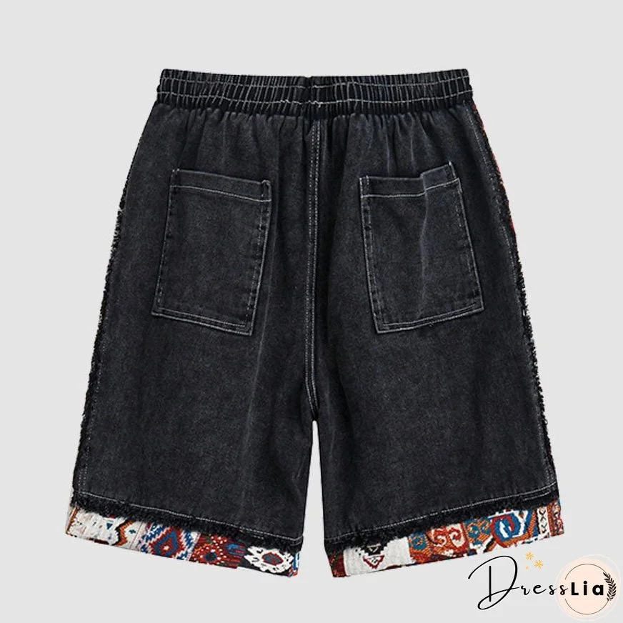 Ethnic Style Denim Patchwork Drawstring Shorts