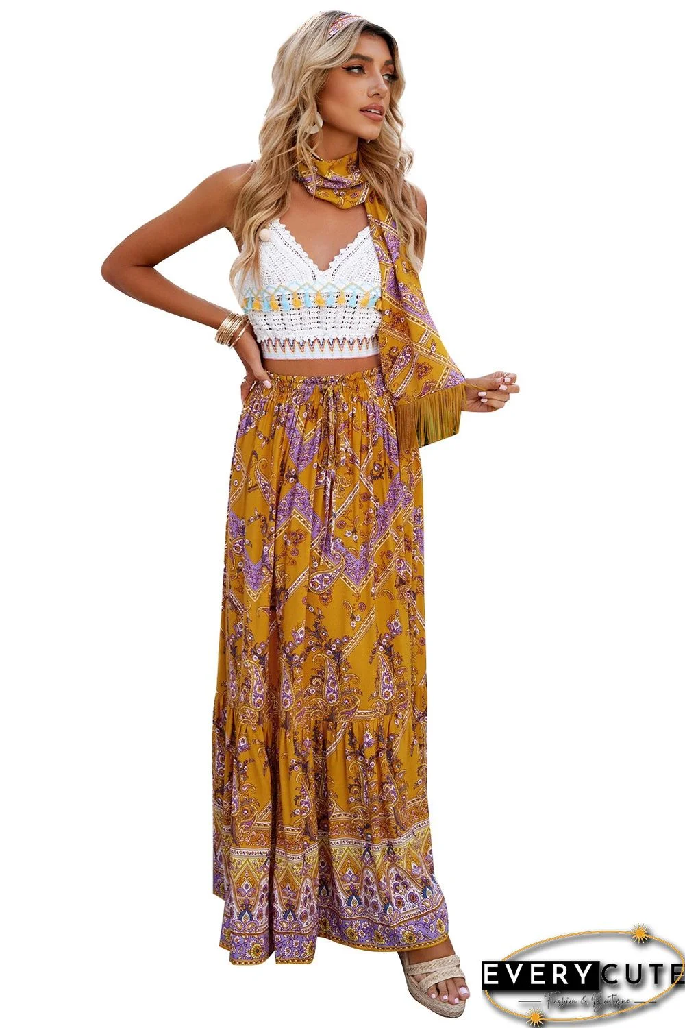 Orange Boho Floral Print Ruffled Elastic High Waist Maxi Skirt