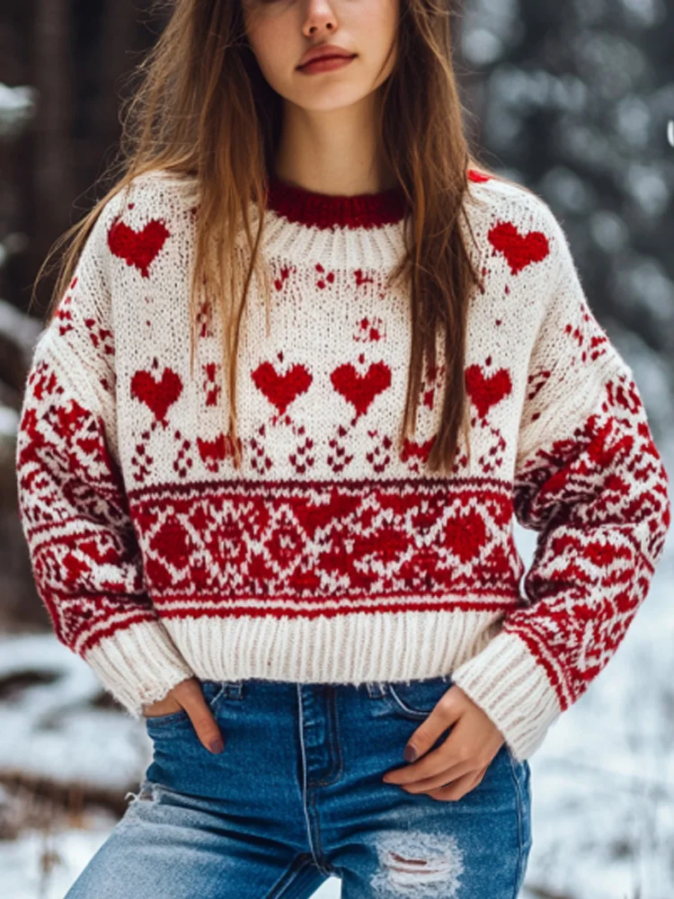 Utbros Women's Vintage Valentine's Day Love Jacquard Sweater