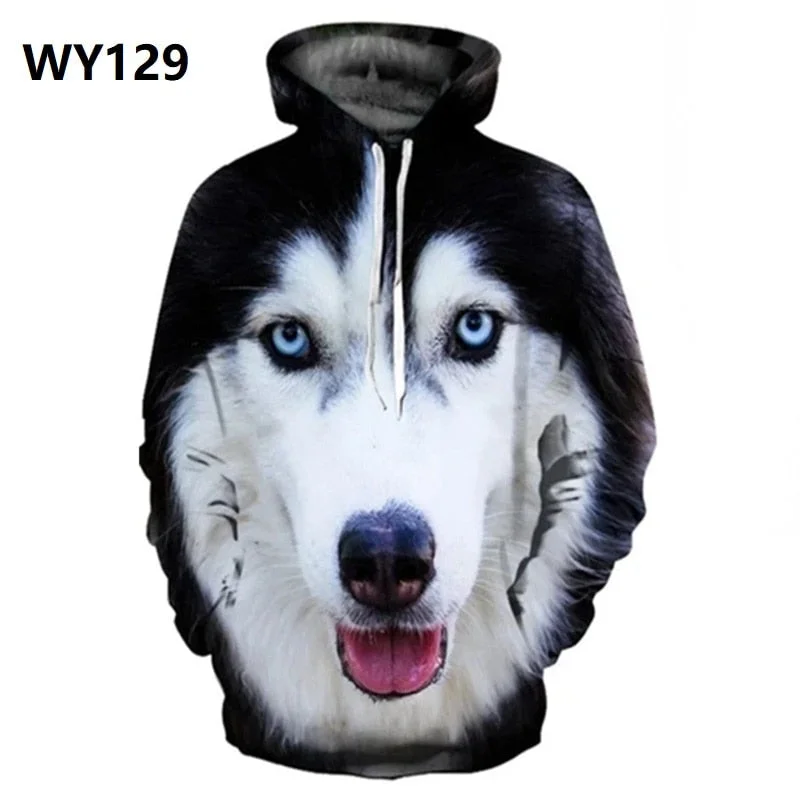Spring Autumn Mens Hoodies with Cap 3D Digital Dog Pet Print Long Full Sleeves Casual Hip Hop Counple Women Clothes Front Pocket