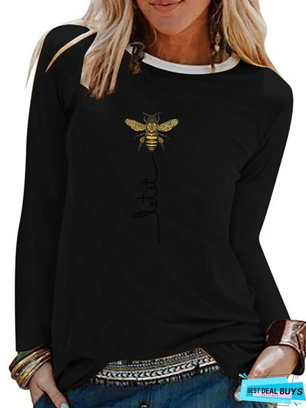 Women's T-shirt Graphic Prints Long Sleeve Round Neck Tops Cotton Basic Top White Black Blue