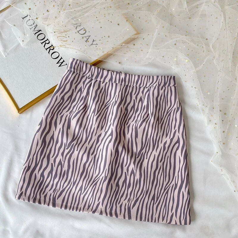 Zoki Elegant Leopard Women Mini Skirt High Waist A Line Zebra Striped Fashion Korean Slim A Line Zipper Mujer Faldas New 2021