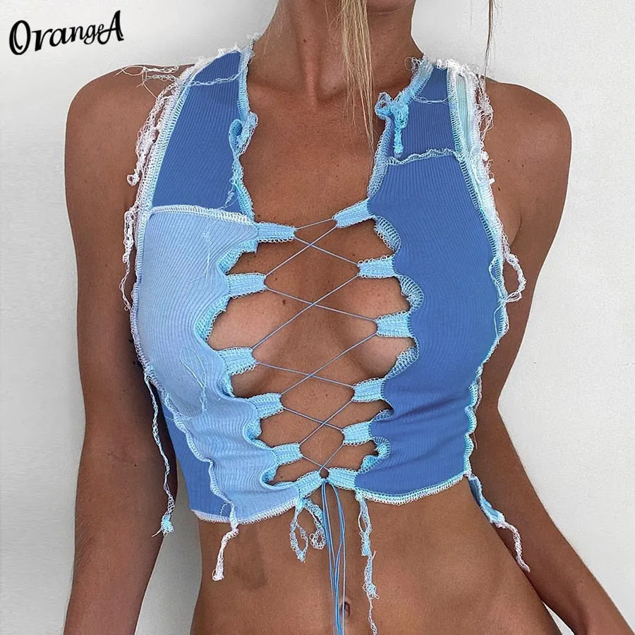 OrangeA Women Hollow Sexy Ribbed Tank Tops Club Bandage v-Neck Sleeveless Drawstring Stretchy Clubwear Patchwork Asymmetry Vest