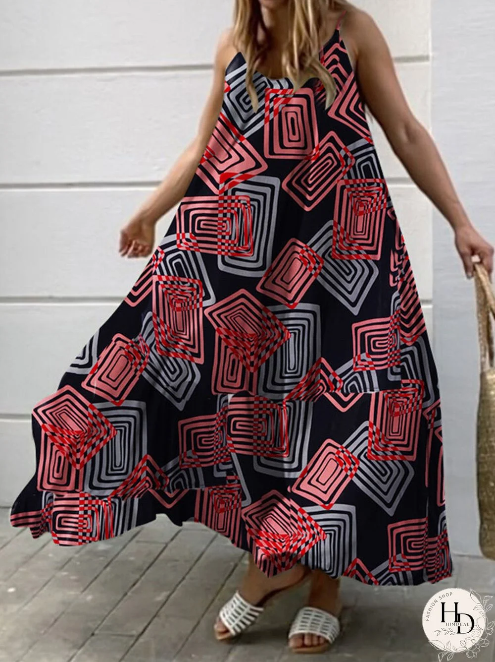 Geometry Print Backless Sleeveless V Neck Spaghetti Maxi Dress