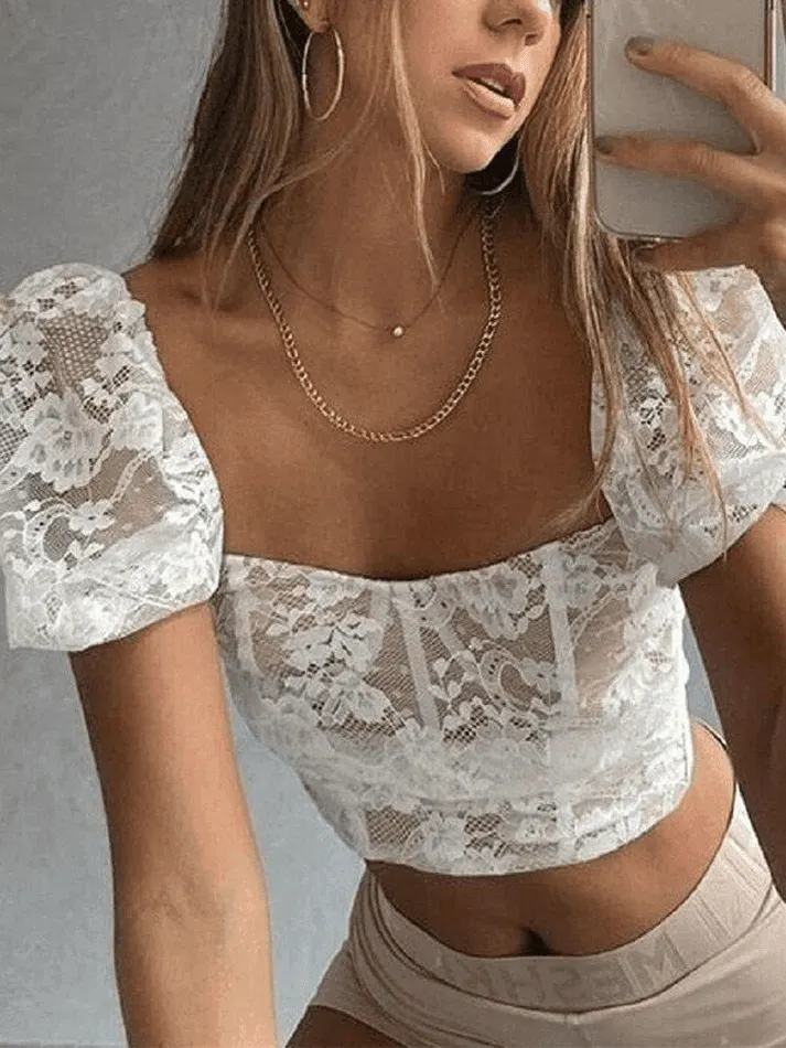 Brownm Cropped Lace Puff Sleeve Blouse