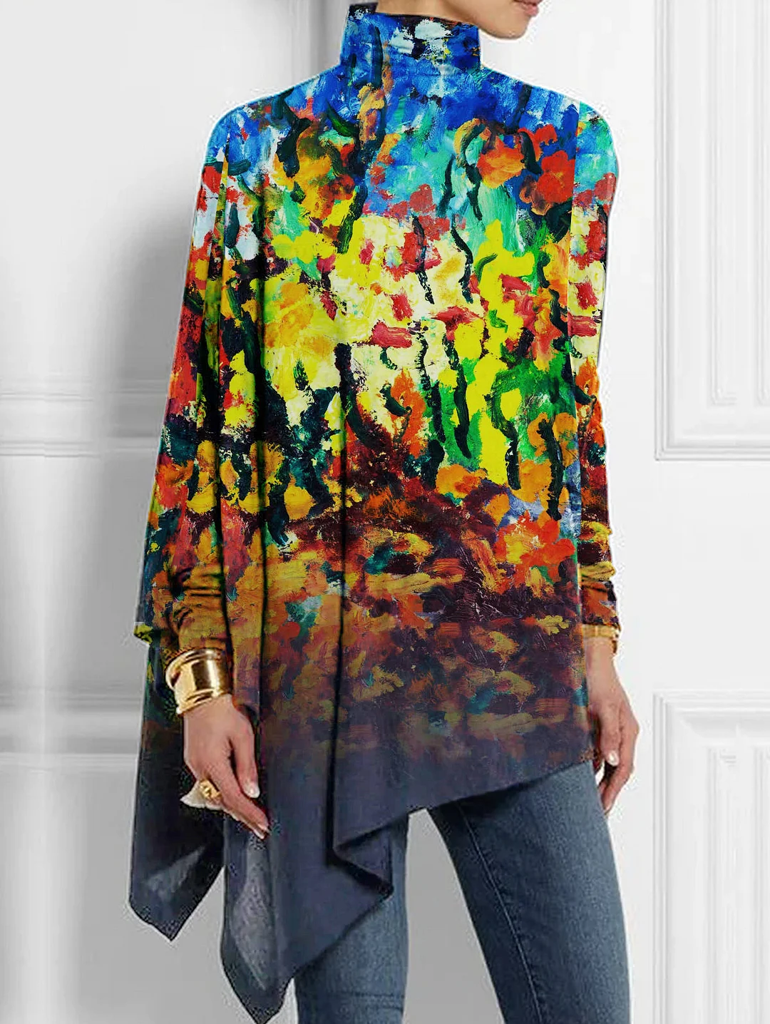 Mock Neck Color Oil Painting Asymmetrical Hem Top