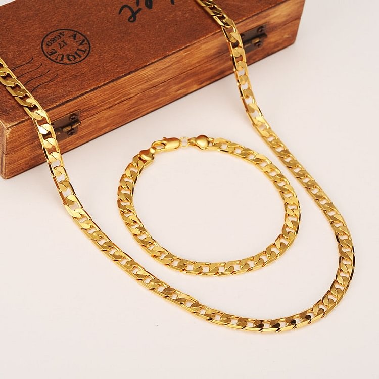 24k 60cm &amp; 21cm Jewelry Sets Trendy Gold  7MM Curb Link  Chain Brazil Bracelet Necklace Set