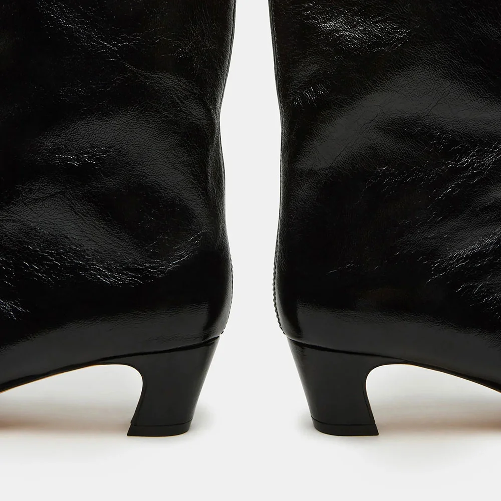 Black Faux Leather Pointed Toe Chunky Heel Pull On Mid Calf Boots