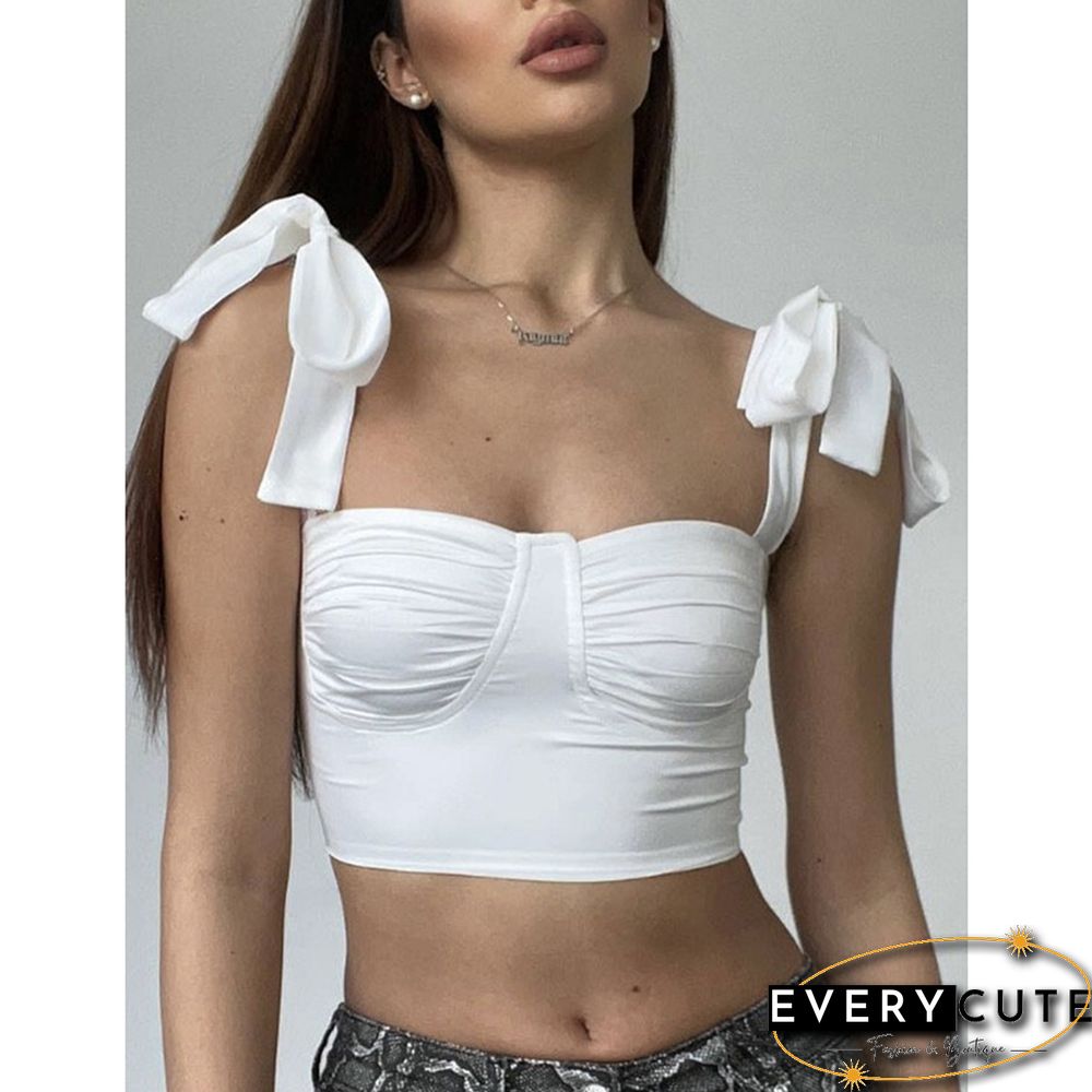 White Lace-up Spaghetti Straps Crop Tops