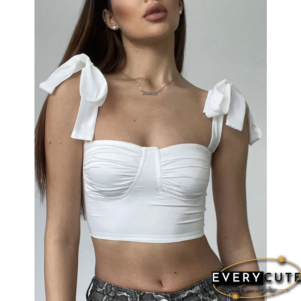 White Lace-up Spaghetti Straps Crop Tops