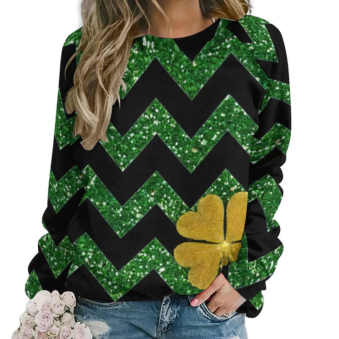 Printed Long Sleeve Casual Sweatshirt for  Women and Men Unisex Pattern St. Patrick's Day, Green, Clover, Lucky