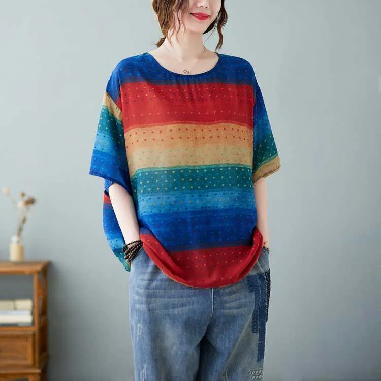Colorful Striped Short Sleeve T-shirt - yankia