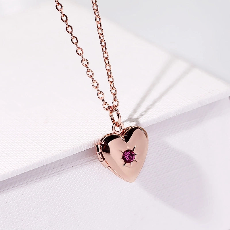 Titanium Steel Copper 18K Gold Plated Rose Gold Plated White Gold Plated Plating Inlay Heart Shape Rhinestones Locket Necklace