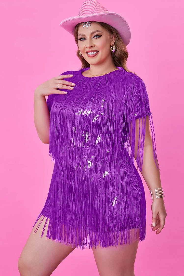 Xpluswear Design Plus Size Purple Party Short Sleeve Fringe Sequin Mini Dress [Pre-Order]