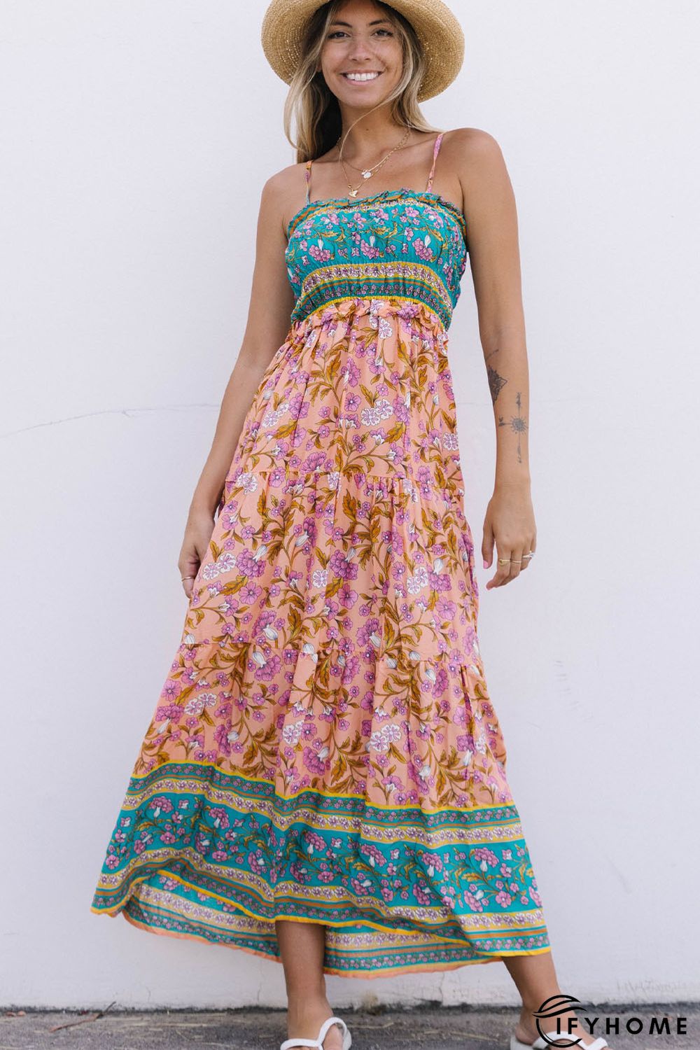 Floral Print Bodice Spaghetti Strap Maxi Dress | IFYHOME