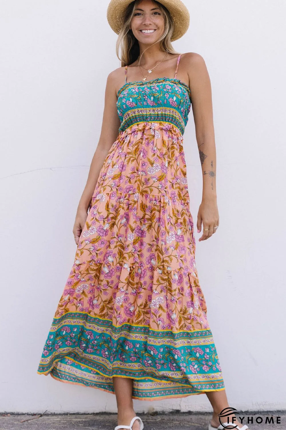 Floral Print Bodice Spaghetti Strap Maxi Dress | IFYHOME