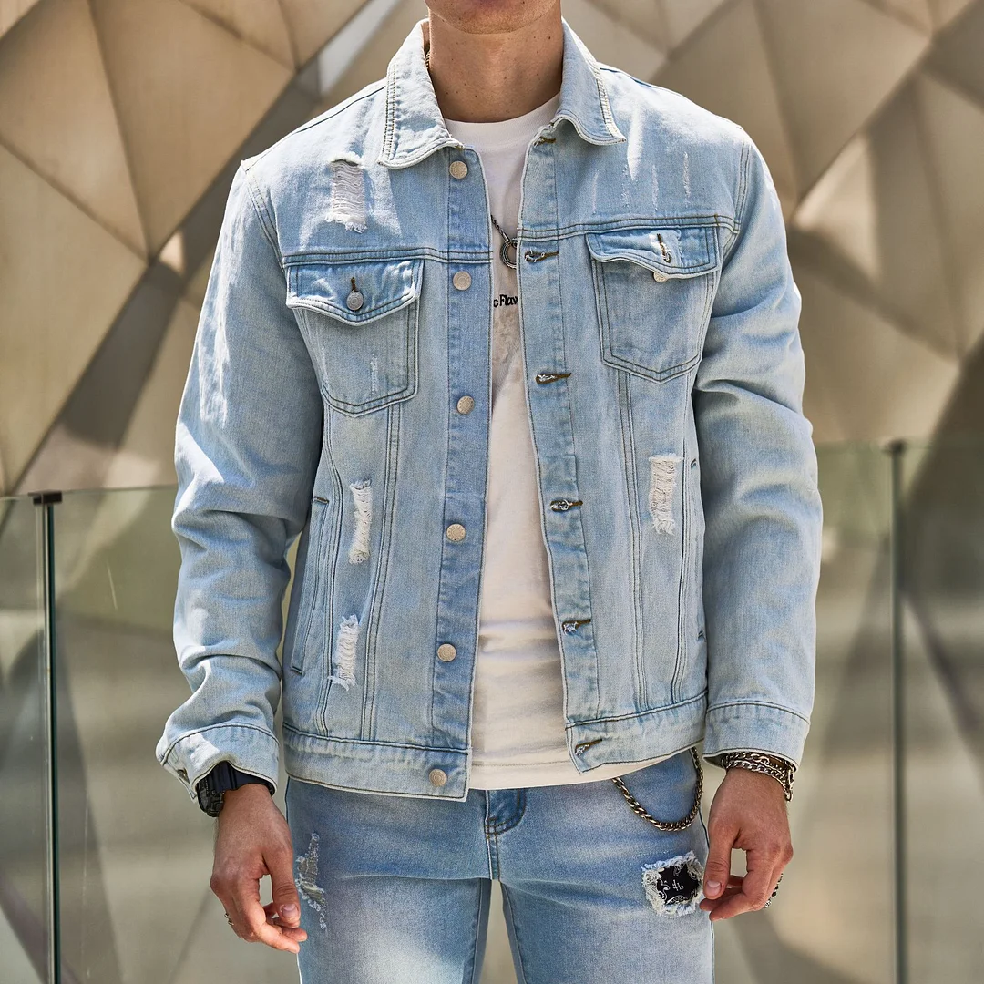 Men's Casual Denim Jacket Ripped Denim Jacket