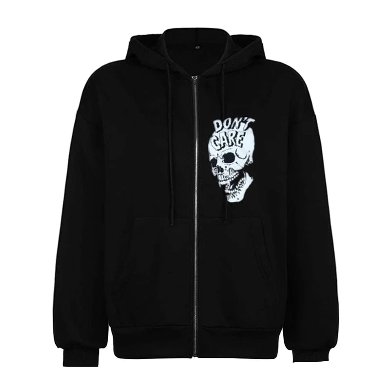 Xingqing Women Y2K Zip Up Hooded Sweatshirt Skeleton Graphic Hoodie Vintage 90s E-Girl Harajuku Goth Aesthetic Shirt with Pocket