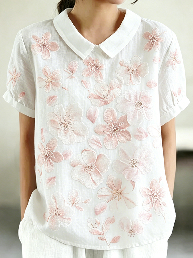 Comstylish Floral Pattern Design Women's Casual Linen Top