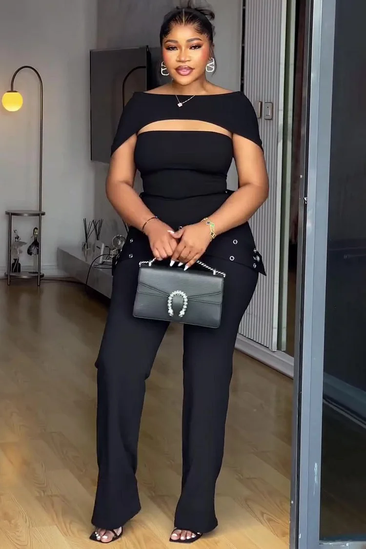 V Back Cap Sleeve Cutout Top Studded Strap Pants 2pcs Set-Black [Pre Order]