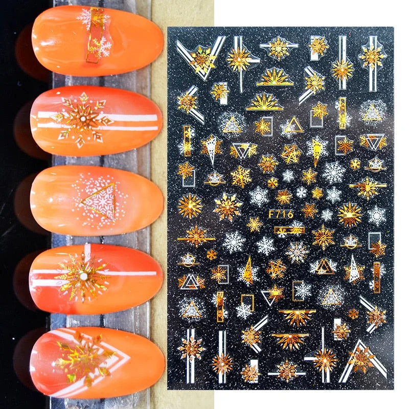 3D Christmas Nail Art Decoration Stickers Sparkly Gold White Colorful Glitter Geometry Snowflake Winter Slider Nail Foils-Nail Inspo