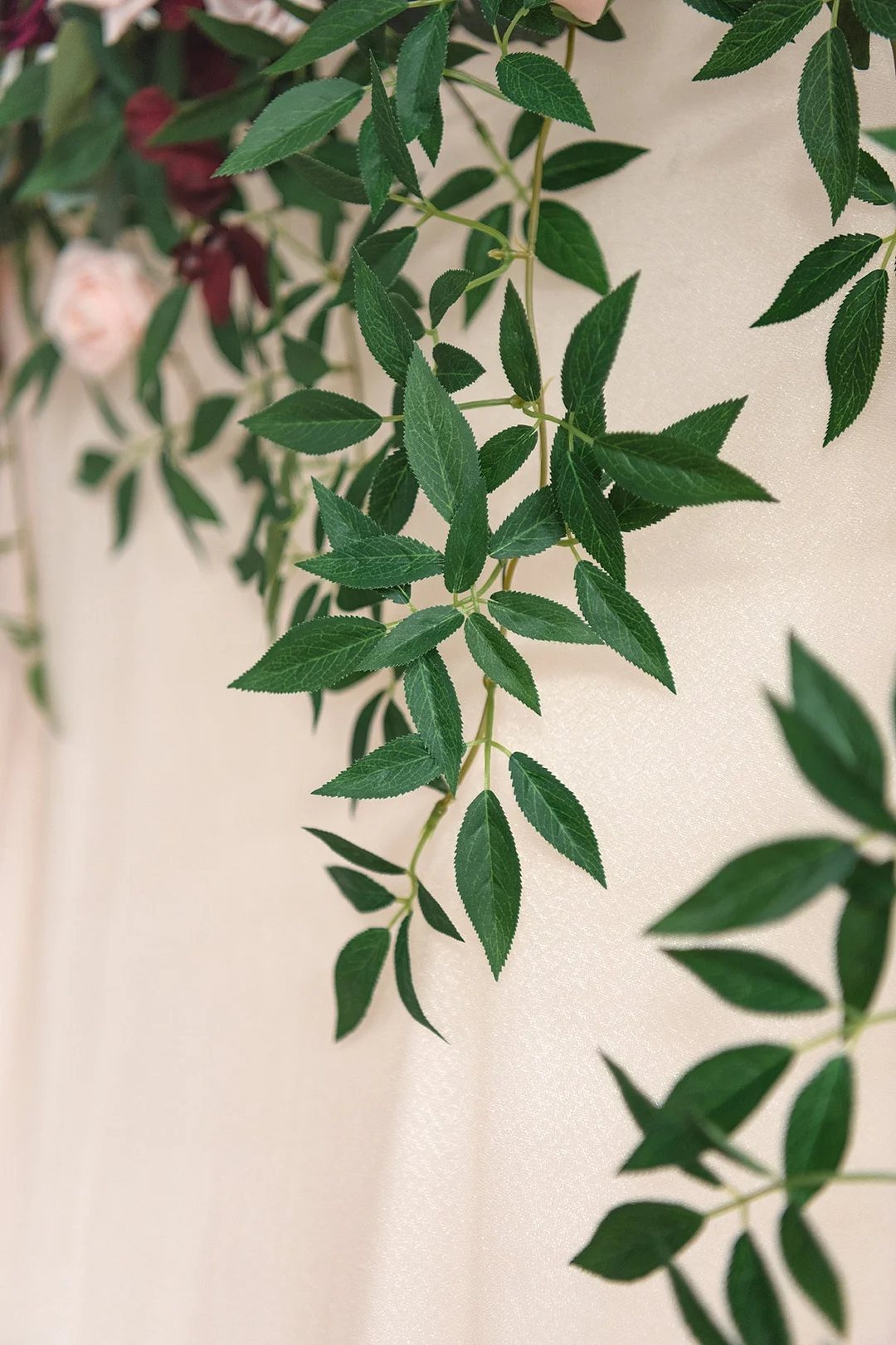 6.5ft Flower Garland with Hanging Rosa Banksiae Leaves for Ceremony Backdrop in Romantic Marsala