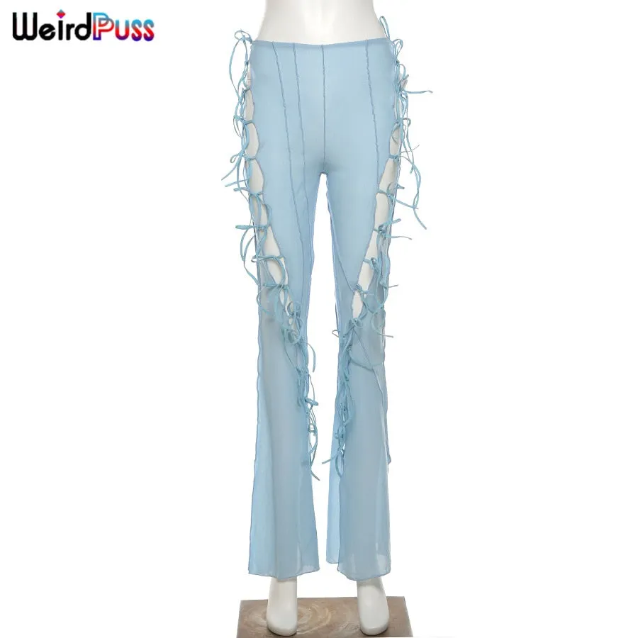 Weird Puss High Waist Flare Pants Women Sexy Mesh Hollow Side Bandage Summer Trend Soft Stretchy Streetwear Striped Trousers
