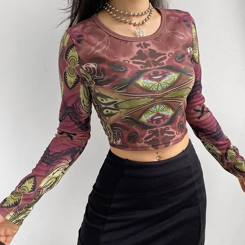 HEYounGIRL Grunge Harajuku Printed Crop Top T Shirt Women 2021 Autumn Basic Long Sleeve Gothic T-shirt Ladies Streetwear 90s