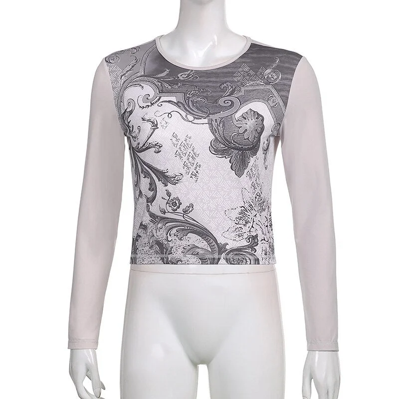 Xingqing Vintage Fashion Print Y2K Female T-shirt Autumn Crop Top Tee Aesthetic Long Sleeve T shirt Grunge Fairycore Pullovers