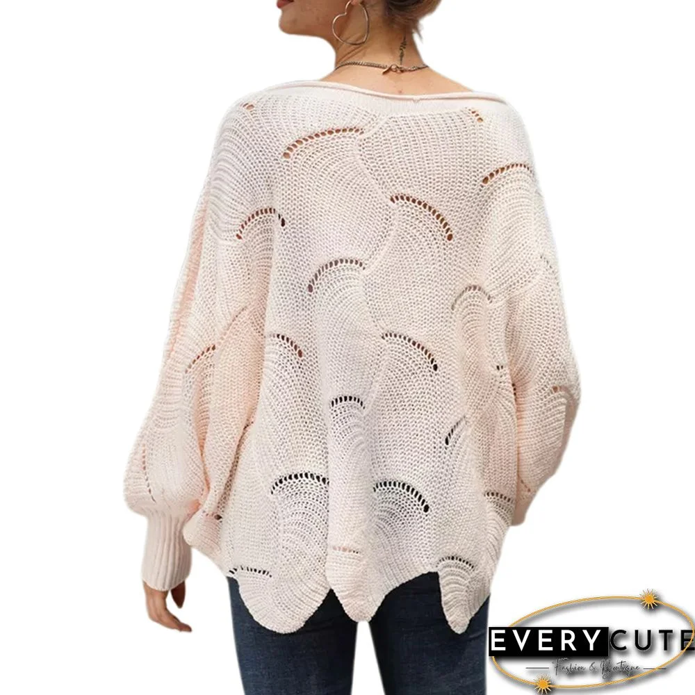 Pink Knit Hollow-out Crew Neck Pullover Sweater