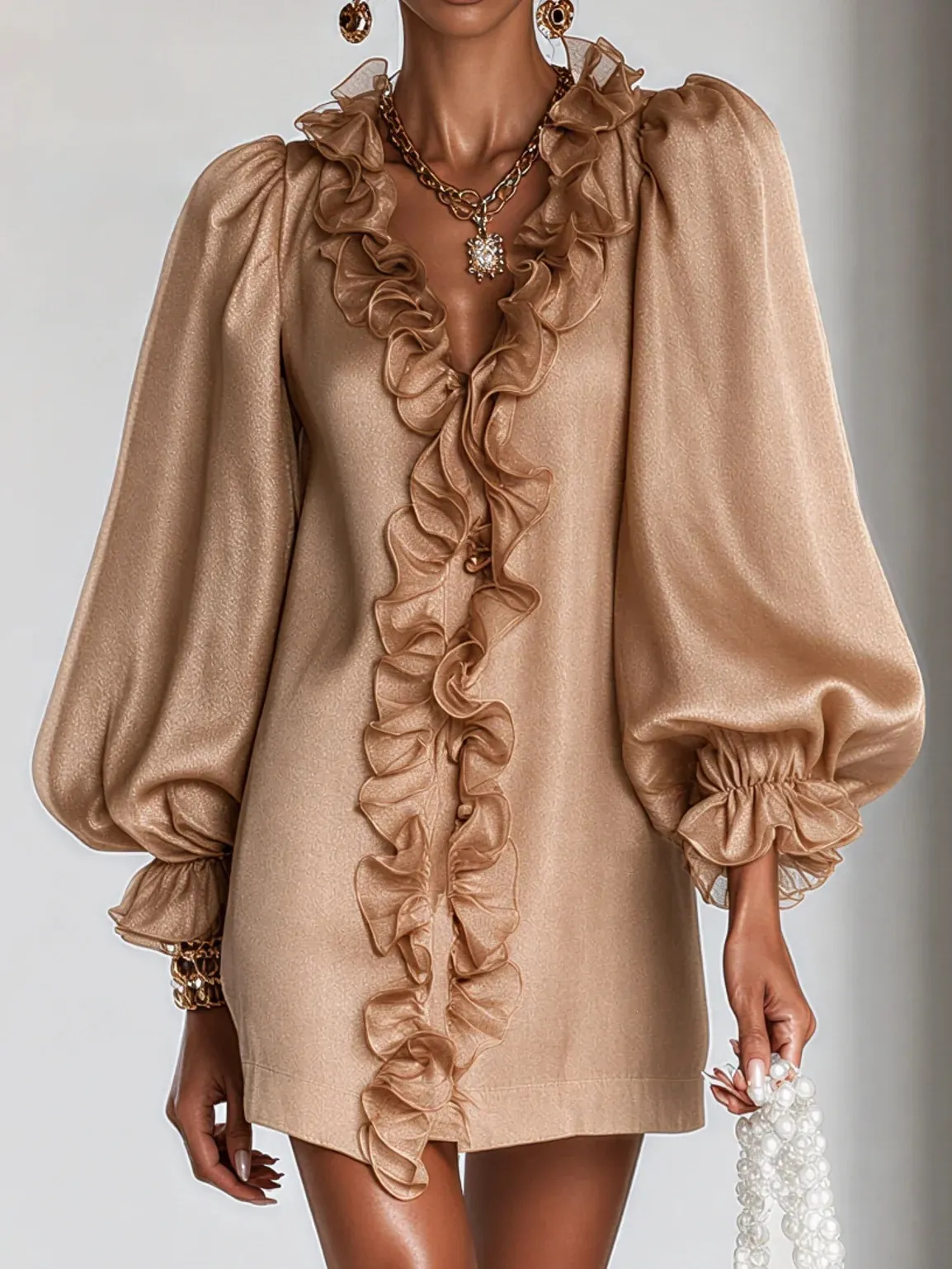 Women Ruffle V Neck Mini Dress