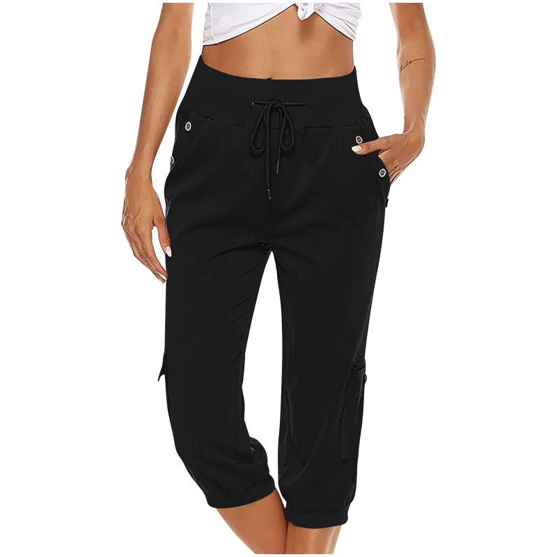 Mature Women's Cropped Pants Cotton Linen Cargo Pocket Casual Pants