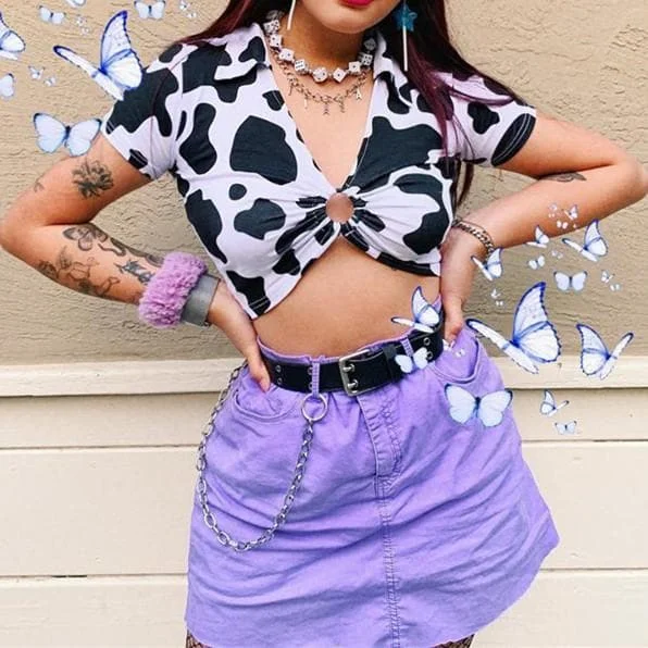 Ring Hollow Out Cow Prints Crop Top SP13692