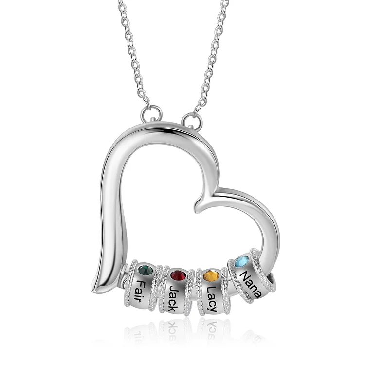 Personalized Heart Birthstone Necklace with Bead Custom 4 Names Necklace