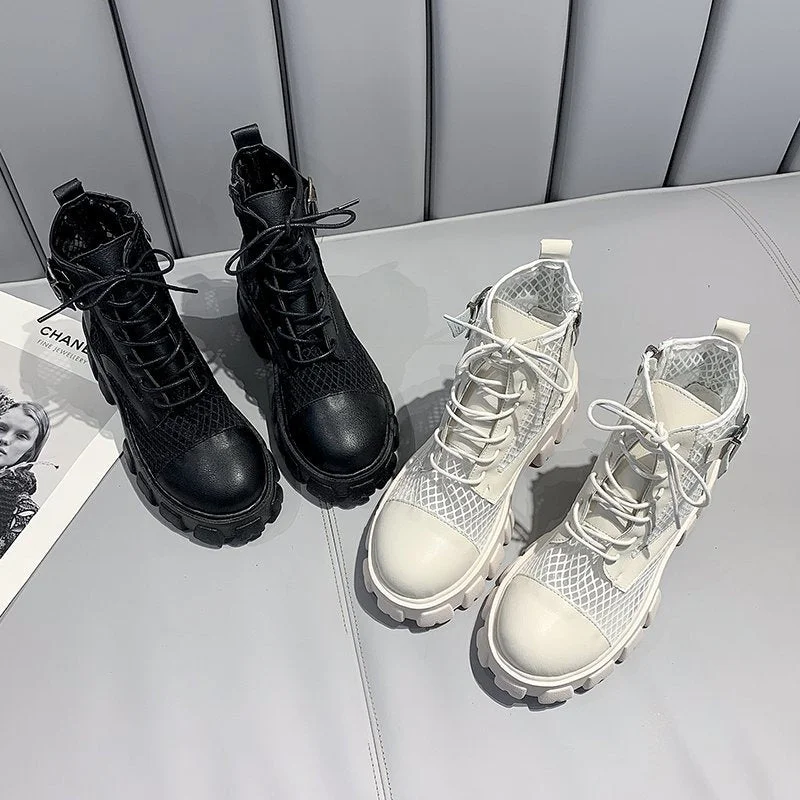 Classic Women Thick Bottom Black Mesh Summer Boots Round Toe Zipper Lace Up Platform Shoes Woman High Heels Ankle Botas