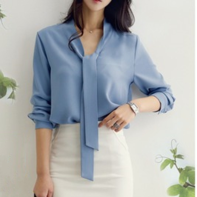 Casual Long Sleeve Bow Tie Shirt Women Clothing Spring Loose Chiffon Blouse Office Lady V-neck Tops Blusas Mujer 699C
